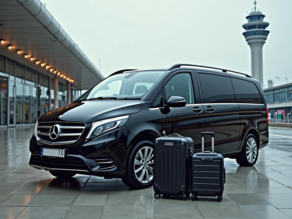 8-seater Mercedes taxi parked at airport terminal with luggage, ideal for group transfers to Stansted Airport.