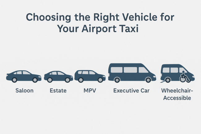 Illustration of various airport taxi types: Saloon, Estate, MPV, Executive Car, and Wheelchair-Accessible Vehicle, highlighting vehicle selection for airport transfers.
