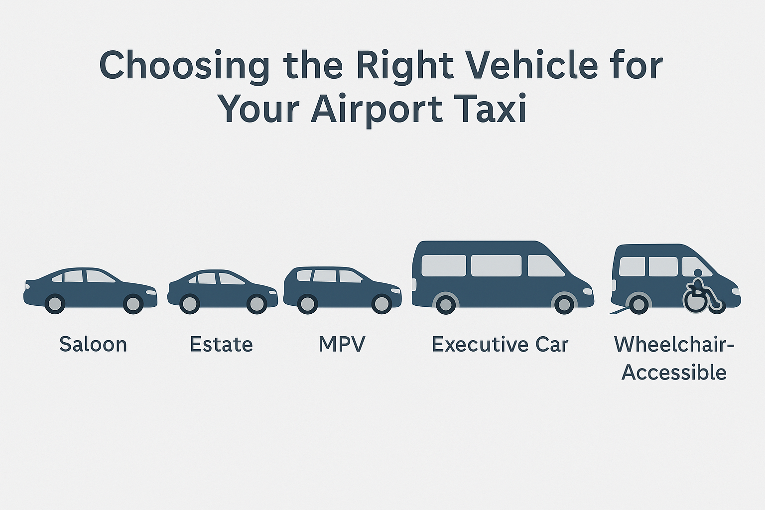 Choosing the right vehicle for your airport taxi, featuring saloon, estate, MPV, executive car, and wheelchair-accessible options.