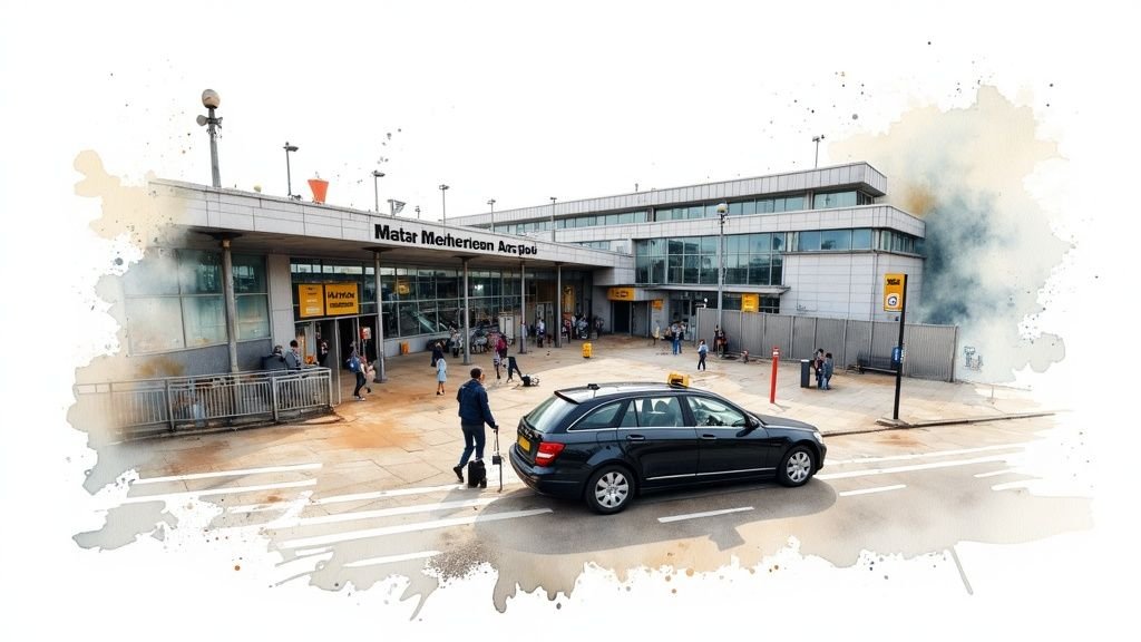 Mercedes-Benz black MPV parked outside Manchester Airport terminal, showcasing drop-off area with passengers and airport signage, emphasizing convenience for travelers.