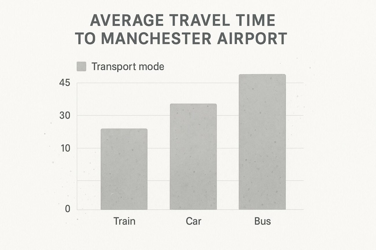 Average travel time chart to Manchester Airport comparing train, car, and bus options, highlighting convenience for travelers.