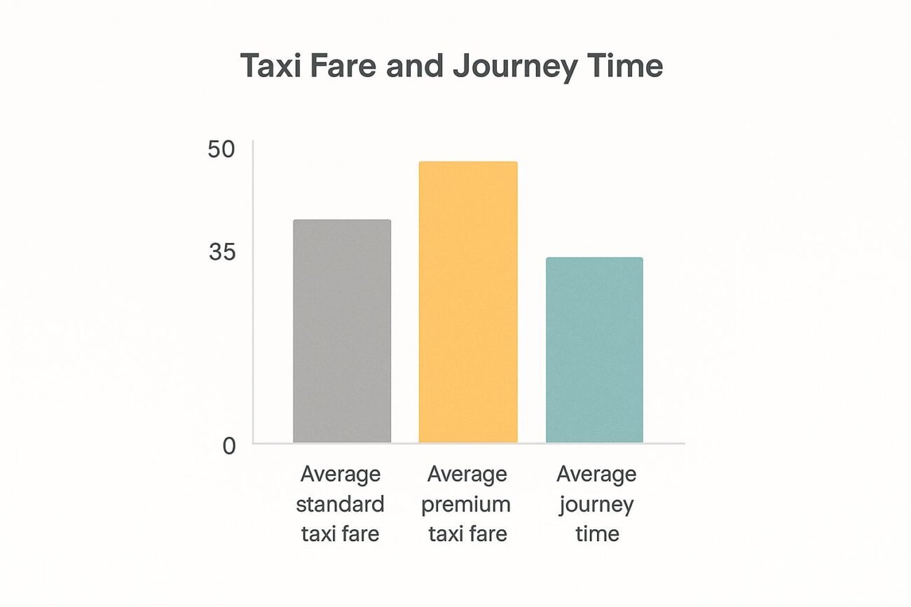 Taxi fare chart illustrating average standard and premium taxi fares alongside average journey time, relevant to Manchester Airport taxi costs.