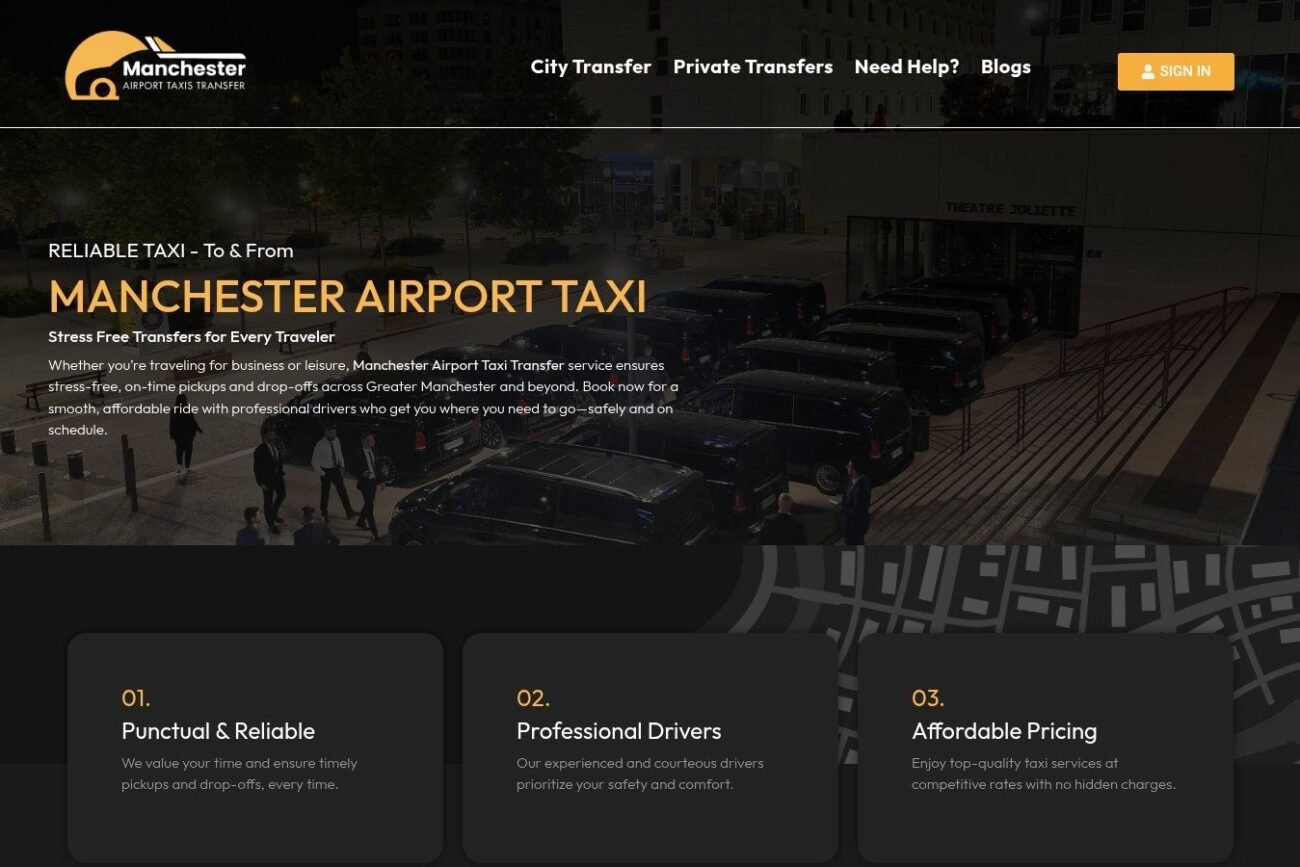 Mercedes-Benz black MPV with Manchester Airport Taxis logo, parked in a professional setting, representing reliable taxi services for transfers from Leeds to Manchester Airport.