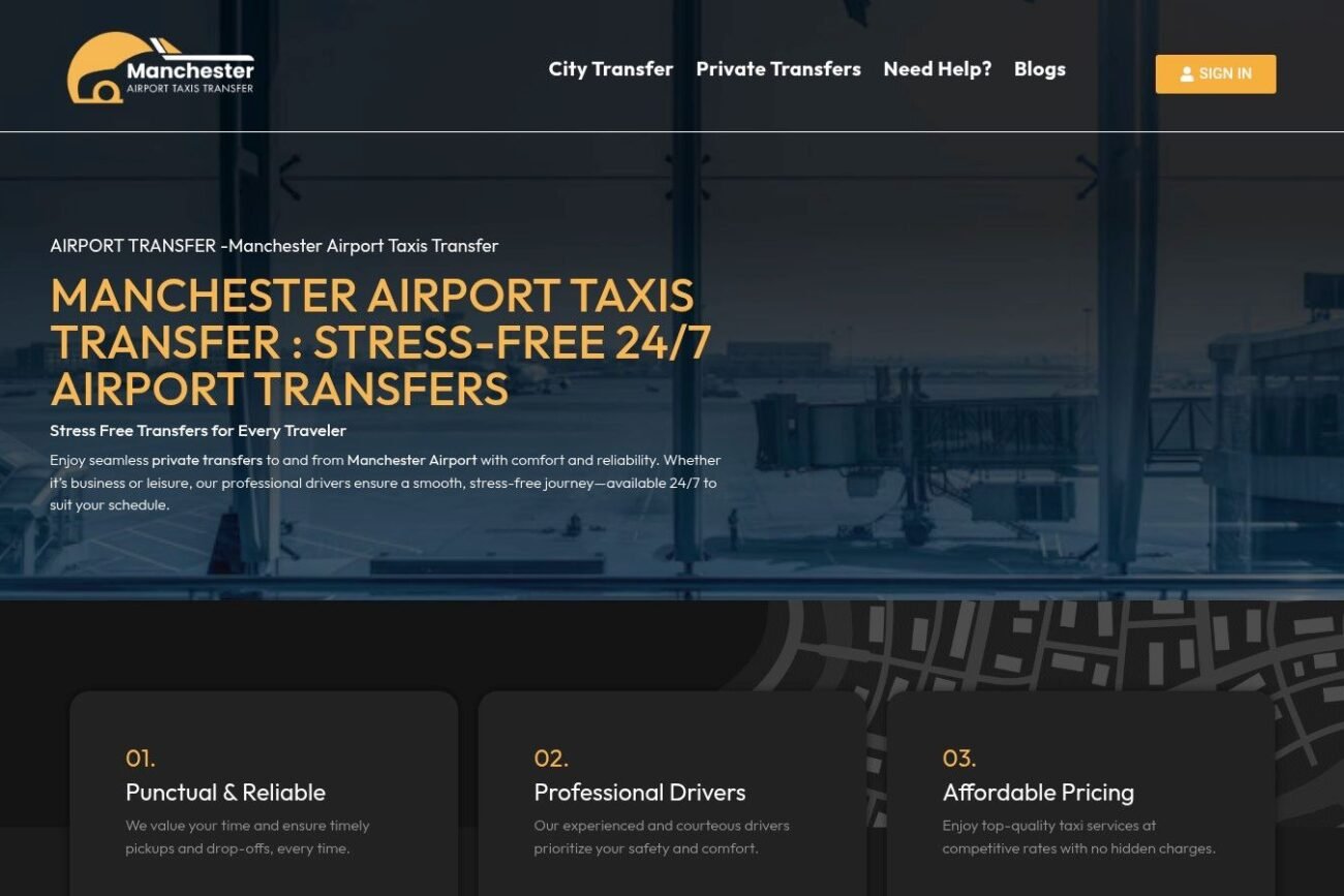 Black Mercedes MPV with Manchester Airport Taxi Transfer logo, parked at the airport, symbolizing reliable airport transfer services from Warrington to Manchester Airport.