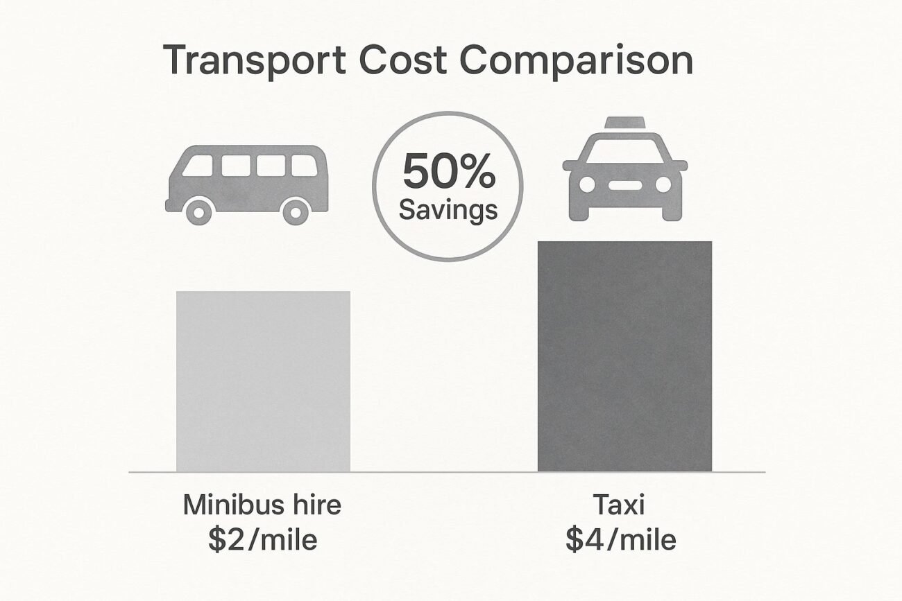 Minibus hire comparison infographic highlighting cost savings for airport transport, featuring $2/mile for minibus hire and $4/mile for taxis, with emphasis on 50% savings.