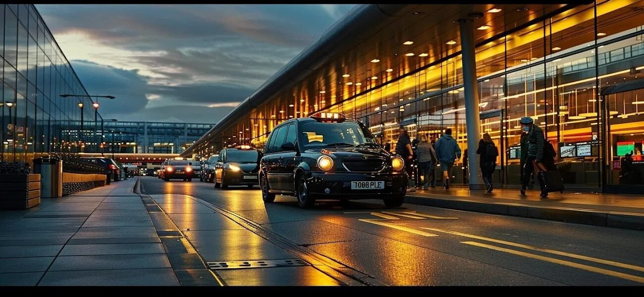 Black MPV taxi with Manchester Airport Taxis logo at airport terminal, reflecting efficient transport service to London Heathrow.
