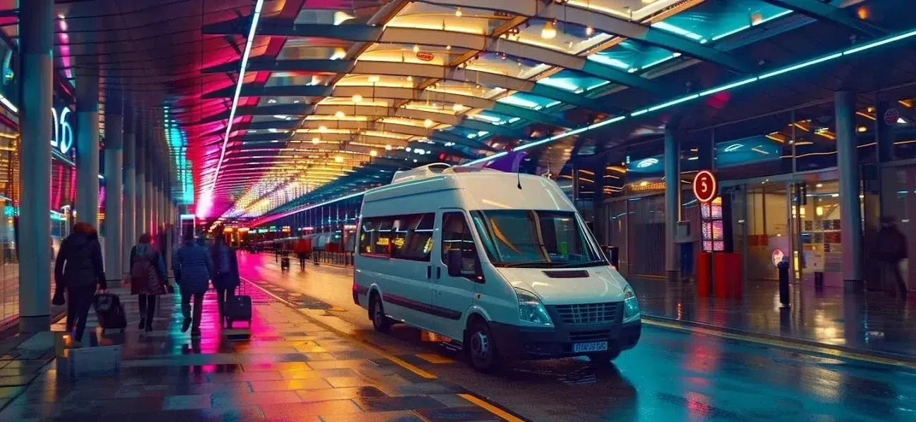 Affordable and reliable minibus service at Manchester Airport, with passengers and luggage in a modern terminal setting.