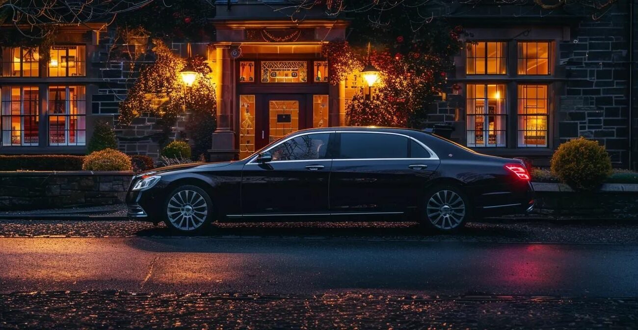 Luxurious black Mercedes-Benz executive car parked outside a stylish building, symbolizing premium chauffeur services for Manchester Airport transfers to the Lake District.