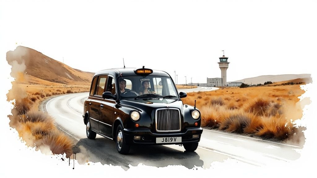 Black Mercedes MPV taxi with Manchester Airport Taxis Transfer logo, driving on a road towards an airport terminal, symbolizing reliable transportation from Sheffield to Manchester Airport.