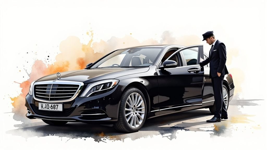 Mercedes Benz black MPV with chauffeur opening the door, featuring Manchester Airport Taxi Transfer logo, symbolizing premium chauffeur service for Manchester Airport.