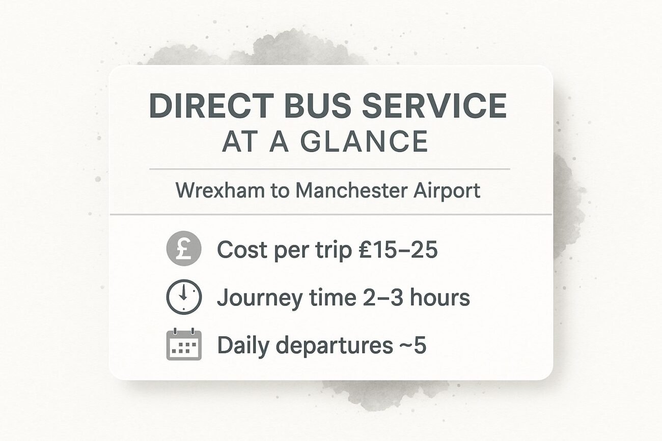 Black Mercedes MPV with Manchester Airport Taxi Transfer logo, infographic detailing direct bus service from Wrexham to Manchester Airport, including cost, journey time, and daily departures.