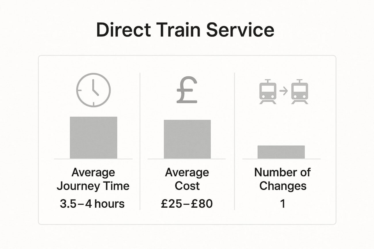 Direct train service infographic showing average journey time of 3.5-4 hours, average cost between £25-£80, and one change required, relevant for travel from Newcastle to Manchester Airport.