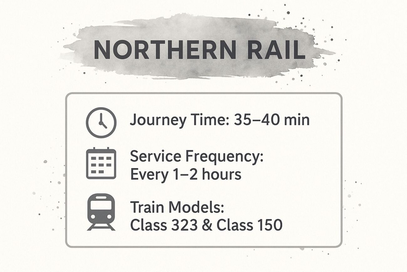 Mercedes-Benz black MPV with Manchester Airport Taxi Transfer logo, infographic detailing Northern Rail travel from Glossop to Manchester, including journey time, service frequency, and train models.