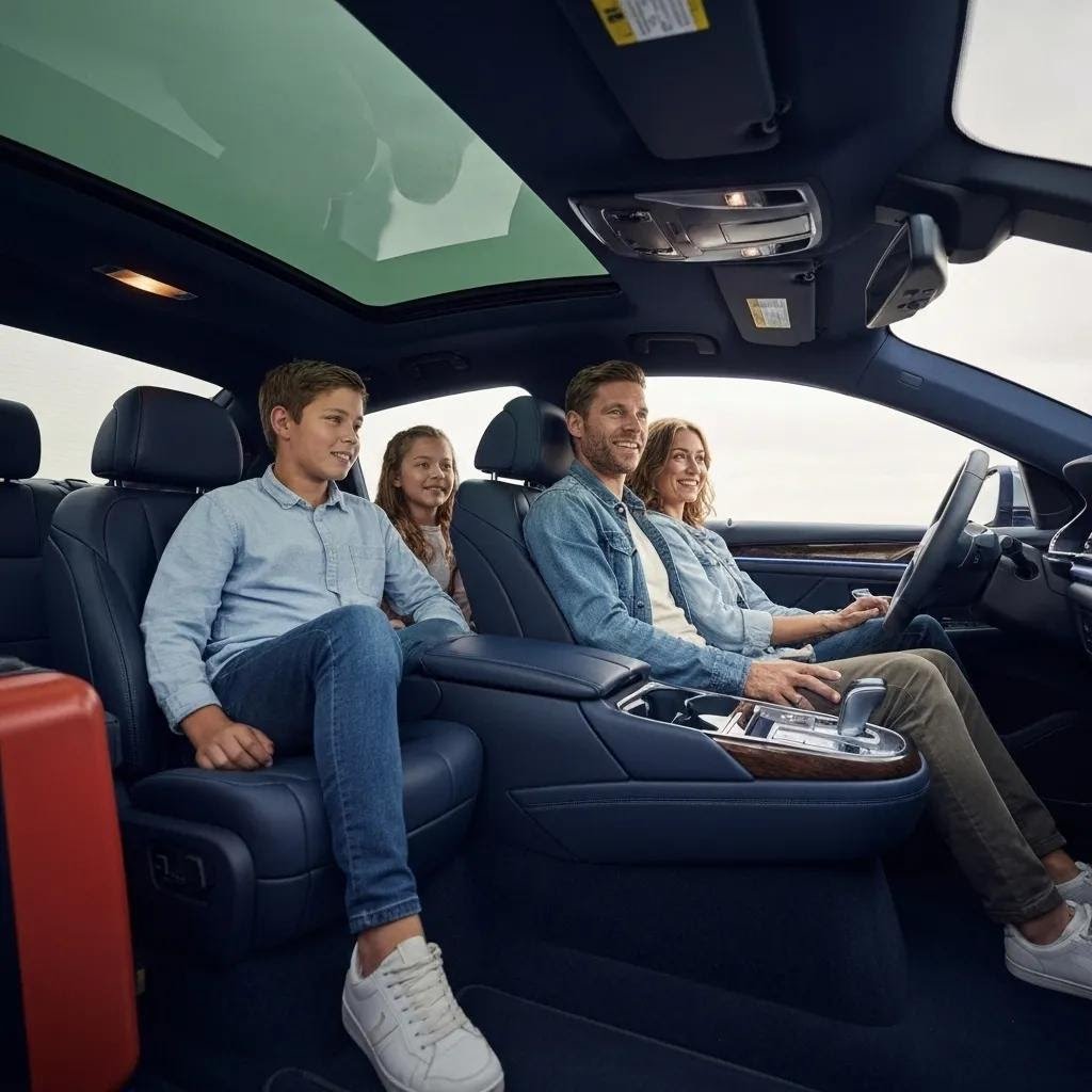 Family enjoying a comfortable ride in a premium airport sedan, featuring spacious seating and a sunroof, highlighting personalized comfort for travelers.