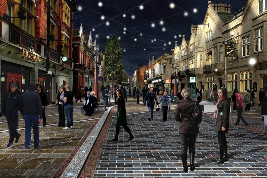 Wigan town centre night regeneration rendering with string lights and pedestrians. - Manchester Airport Taxi Transfer - Manchester Airport Taxi Transfer