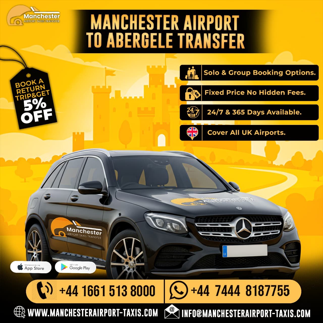 Promotional poster for Manchester Airport Taxi Transfer featuring a black Mercedes SUV on a yellow backdrop with booking offers and contact details. - Manchester Airport Taxi Transfer - Manchester Airport Taxi Transfer