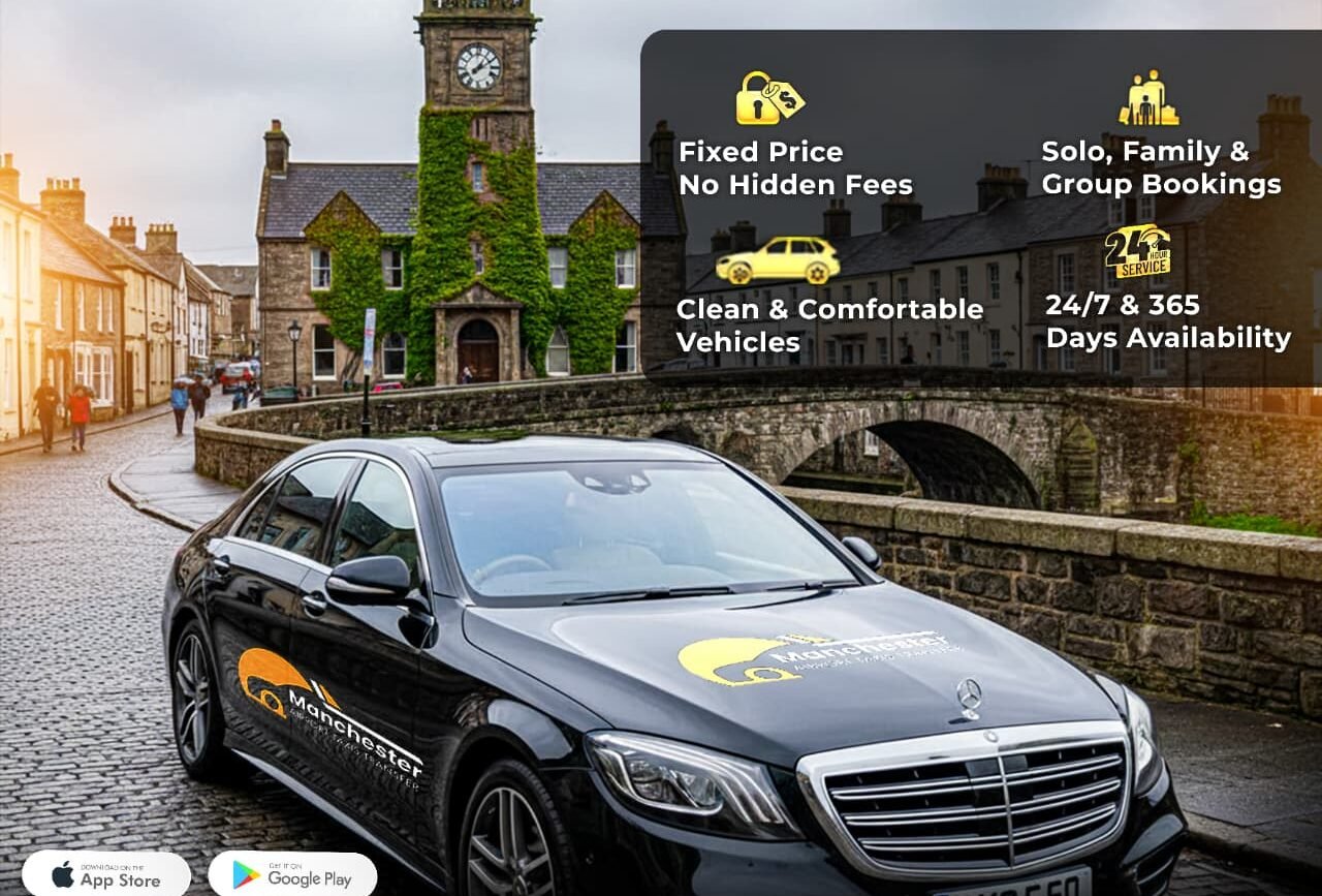 Ad for Manchester Airport transfer service showing a black Mercedes with logo on a cobblestone street and a historic town backdrop. - Manchester Airport Taxi Transfer - Manchester Airport Taxi Transfer