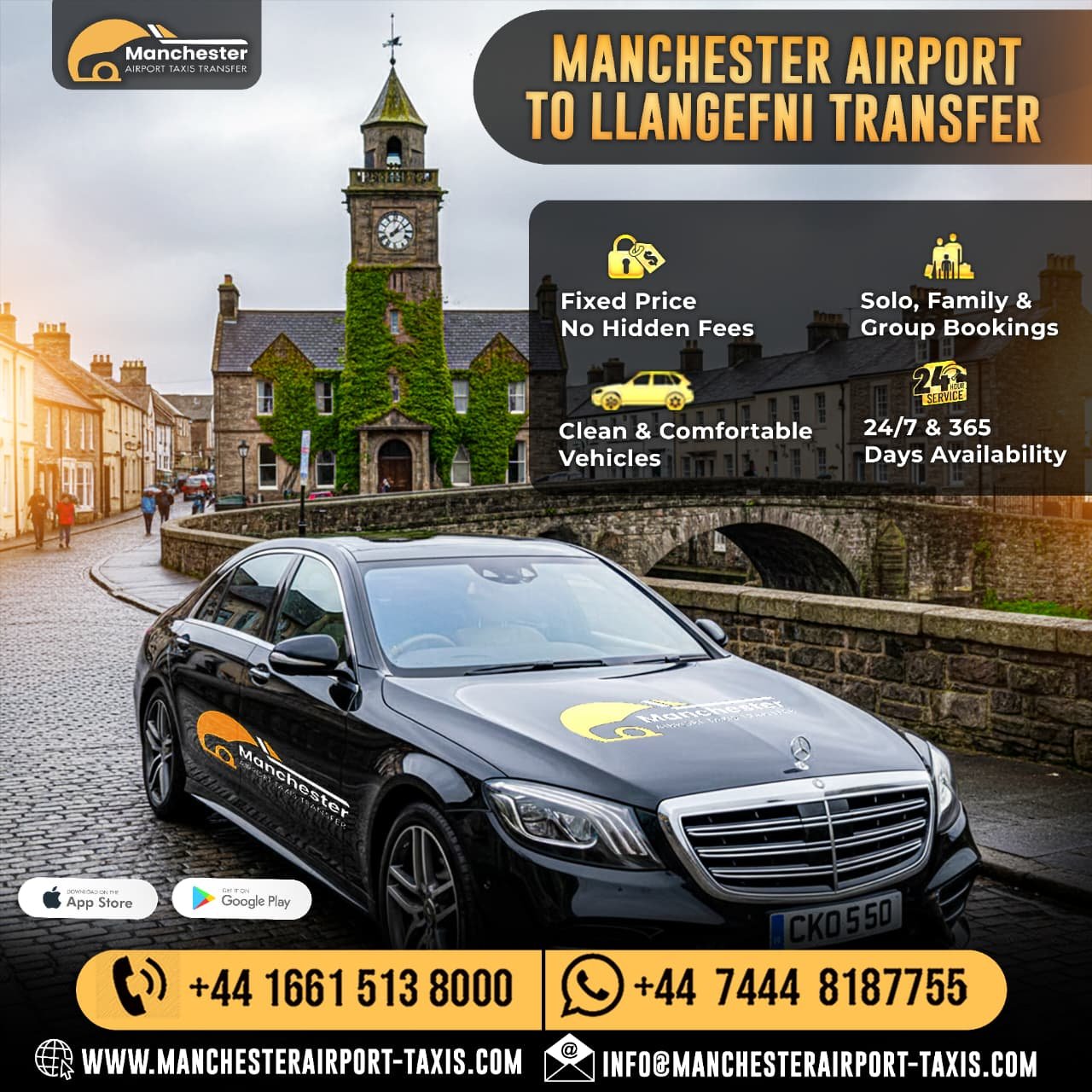 Ad for Manchester Airport transfer service showing a black Mercedes with logo on a cobblestone street and a historic town backdrop. - Manchester Airport Taxi Transfer - Manchester Airport Taxi Transfer