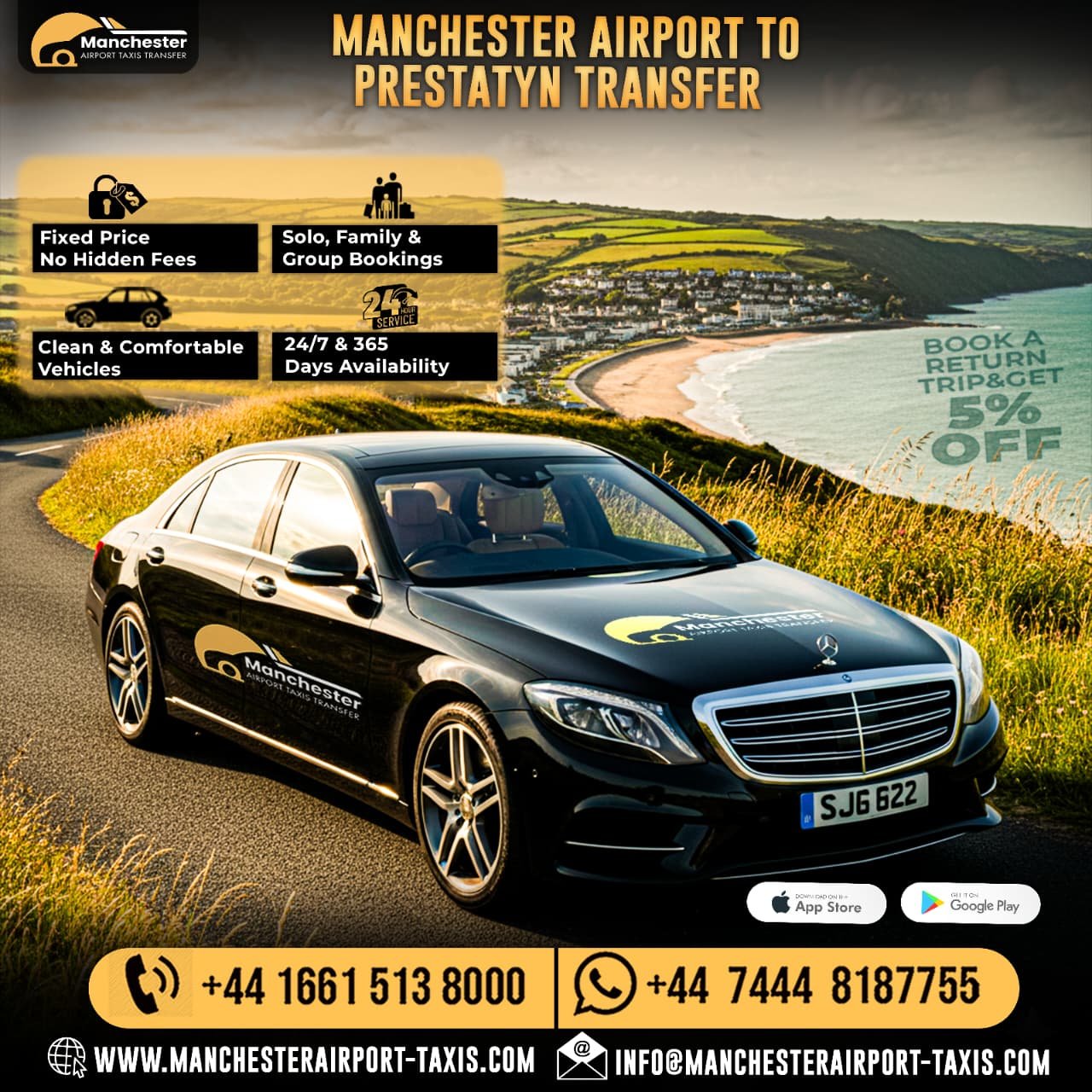 Black Mercedes sedan with Manchester Airport Transfers branding parked on a coastal road, overlayed with bold orange promo text and contact details for airport transfers (phone numbers, app badges, and website). - Manchester Airport Taxi Transfer - Manchester Airport Taxi Transfer