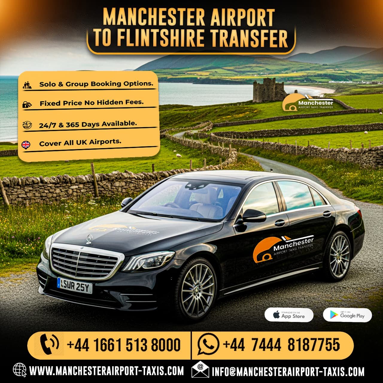 Banner for Manchester Airport to Flintshire Transfer: black sedan with logo, rural countryside and stone walls; headline at top. - Manchester Airport Taxi Transfer - Manchester Airport Taxi Transfer