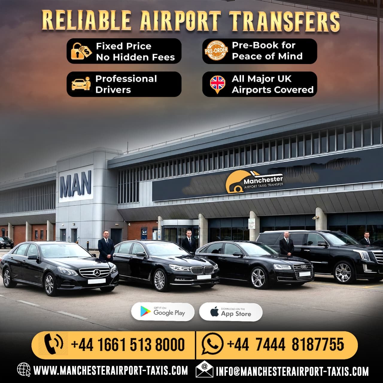 Promotional banner for Reliable Airport Transfers at Manchester Airport, showing luxury sedans with drivers in suits and contact numbers for booking. - Manchester Airport Taxi Transfer - Manchester Airport Taxi Transfer