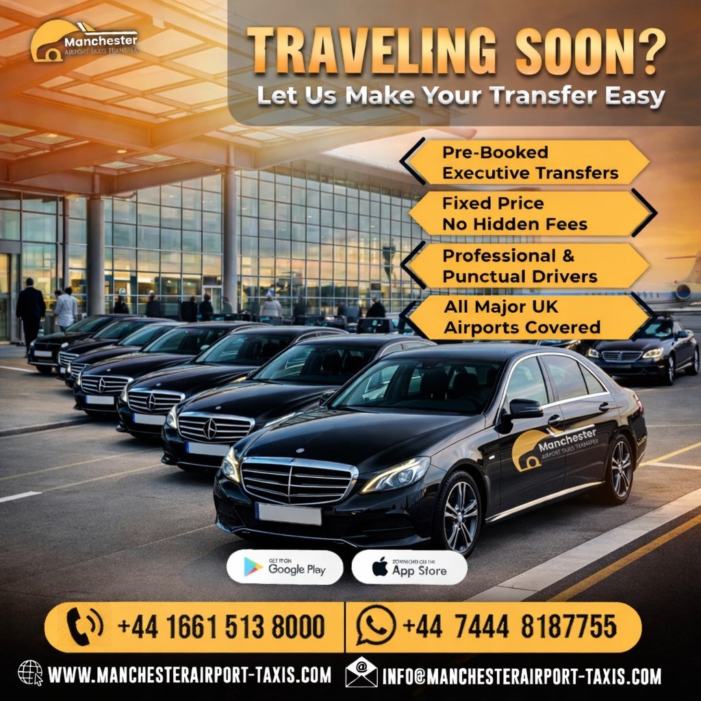Advertisement for Manchester Airport Taxis: row of black cars parked in front of a terminal with bold yellow sign arrows detailing services and contact options. - Manchester Airport Taxi Transfer - Manchester Airport Taxi Transfer