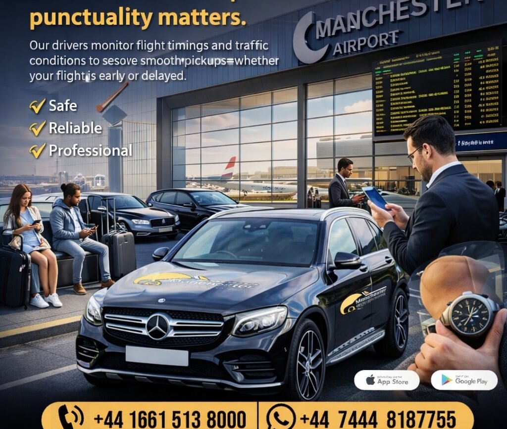 Advertising image for Manchester Airport taxis: a black Mercedes taxi at the curb with travelers waiting and a man checking his phone, promoting punctual service. - Manchester Airport Taxi Transfer - Manchester Airport Taxi Transfer