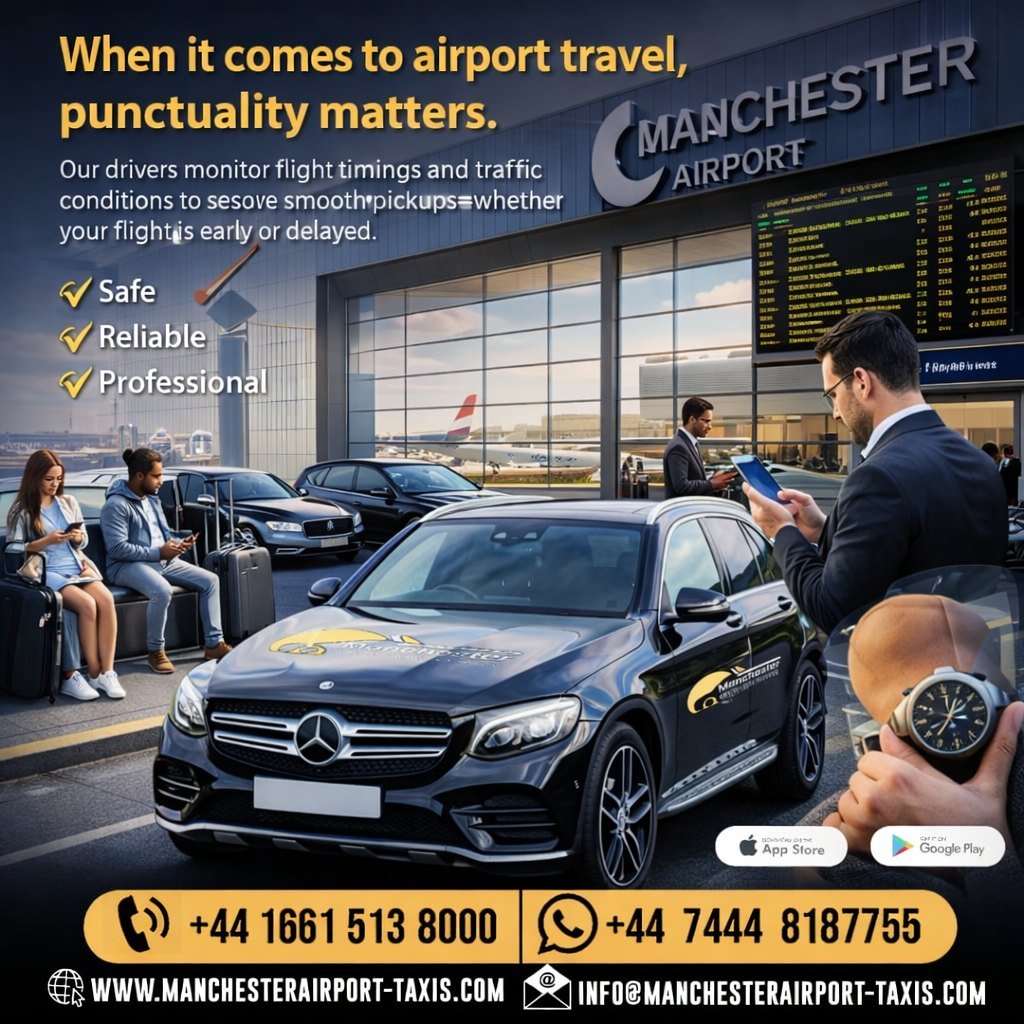 Advertising image for Manchester Airport taxis: a black Mercedes taxi at the curb with travelers waiting and a man checking his phone, promoting punctual service. - Manchester Airport Taxi Transfer - Manchester Airport Taxi Transfer