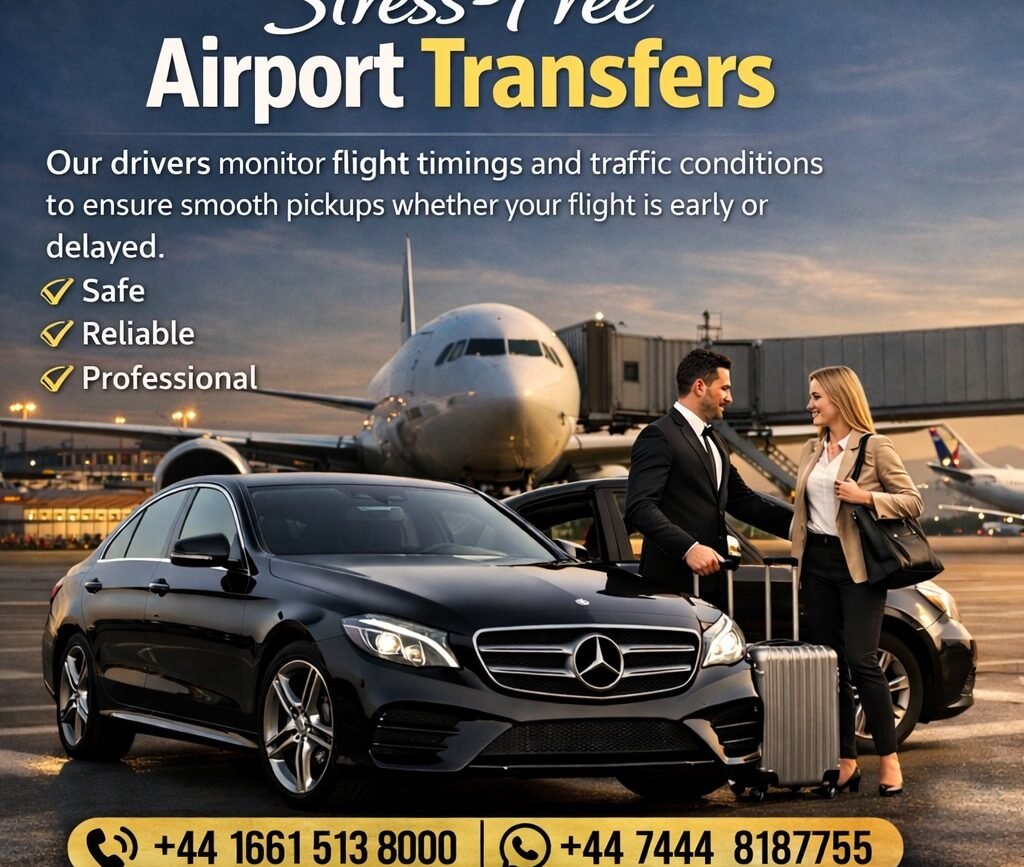 Airport transfers ad: a black Mercedes at the gate with a suited driver and a woman traveler with luggage, promoting stress-free airport transfers. Includes contact numbers and website at the bottom. - Manchester Airport Taxi Transfer - Manchester Airport Taxi Transfer