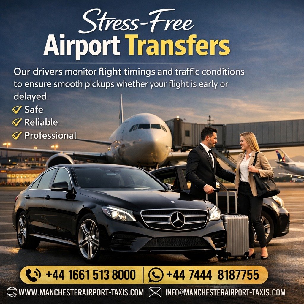 Airport transfers ad: a black Mercedes at the gate with a suited driver and a woman traveler with luggage, promoting stress-free airport transfers. Includes contact numbers and website at the bottom. - Manchester Airport Taxi Transfer - Manchester Airport Taxi Transfer