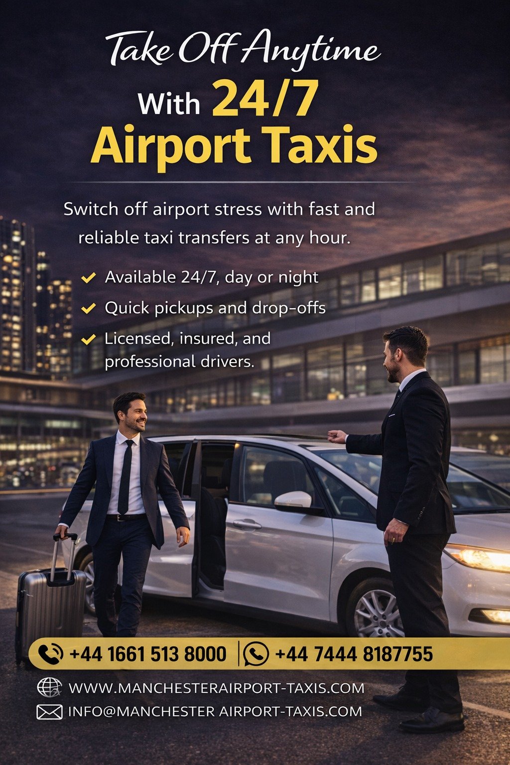 Promotional poster advertising 24/7 airport taxi service; two suited men stand by a white car at dusk with airport backdrop. - Manchester Airport Taxi Transfer - Manchester Airport Taxi Transfer