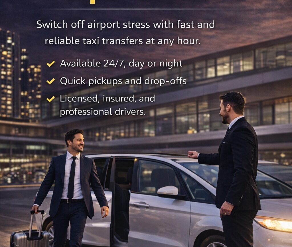 Poster advertising 24/7 airport taxis with two drivers beside a white car, plus phone numbers and website. - Manchester Airport Taxi Transfer - Manchester Airport Taxi Transfer