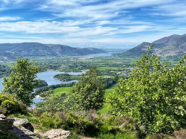 Scenic valley view with a lake and winding river, green fields, and distant mountains under a blue, partly cloudy sky; foreground shrubs and rocks frame the scene. - Manchester Airport Taxi Transfer - Manchester Airport Taxi Transfer