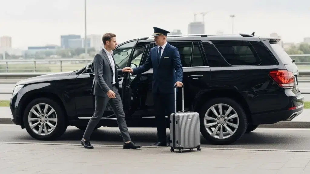 Chauffeur in uniform extends a handshake to a businessman beside a black SUV with a rolling suitcase. - Manchester Airport Taxi Transfer - Manchester Airport Taxi Transfer