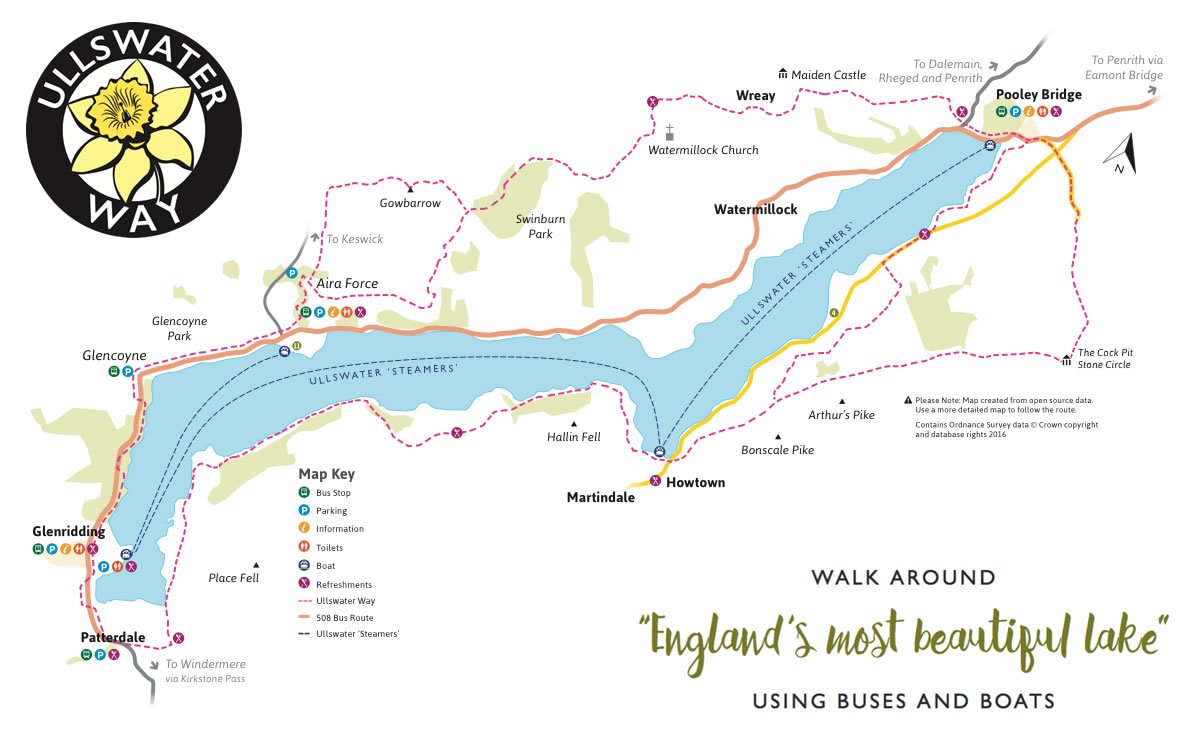 Map of the Ullswater Way walking route around Ullswater with towns and ferry/bus routes marked (Pooley Bridge, Patterdale, Howtown, Glencoyne). - Manchester Airport Taxi Transfer - Manchester Airport Taxi Transfer