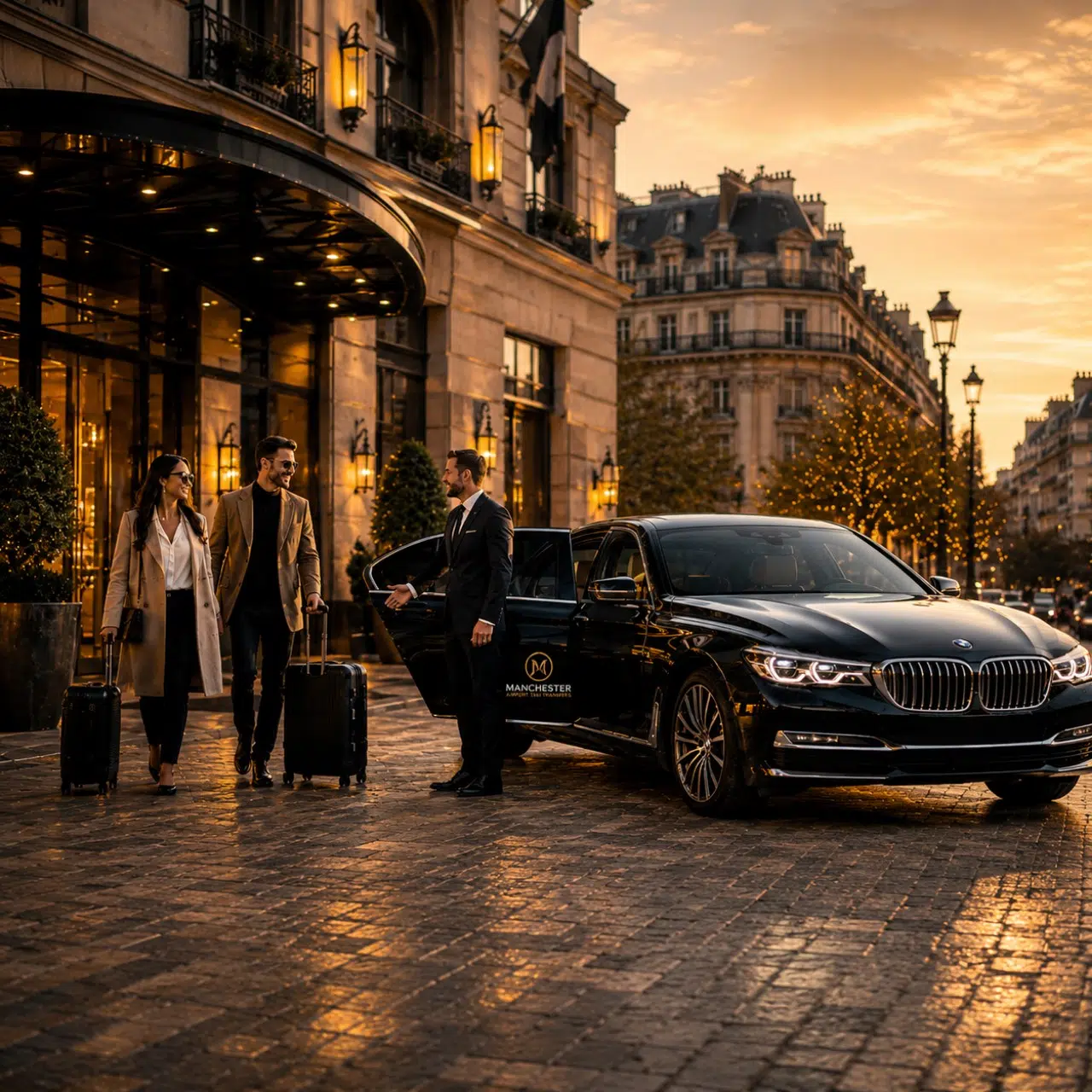 Couple with suitcases being greeted by a chauffeur at the door of a black luxury car outside a upscale hotel at sunset. - Manchester Airport Taxi Transfer - Manchester Airport Taxi Transfer