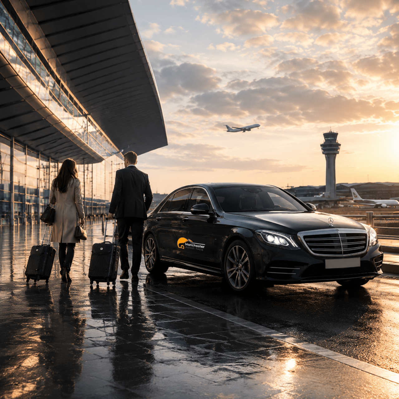 Business travelers with rolling luggage near a black taxi outside a modern airport terminal at sunset; plane and control tower visible in the background. - Manchester Airport Taxi Transfer - Manchester Airport Taxi Transfer