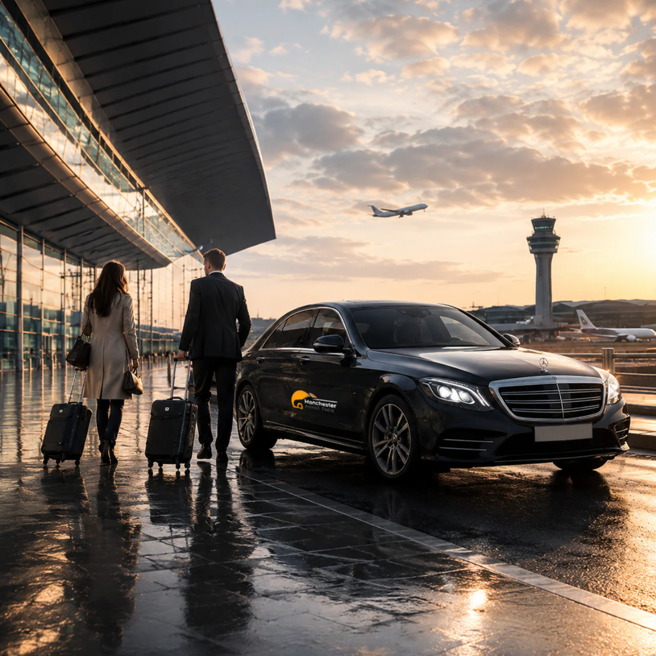 Business travelers with rolling luggage near a black taxi outside a modern airport terminal at sunset; plane and control tower visible in the background. - Manchester Airport Taxi Transfer - Manchester Airport Taxi Transfer
